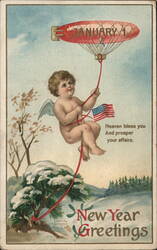 Cherubic Angel with US Flag, New Year Greetings - Vintage Holiday Postcard Angels & Cherubs Ellen Clapsaddle Postcard Postcard