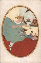 Girl Playing with Dolls, Dutch Children, Vintage Illustration Postcard