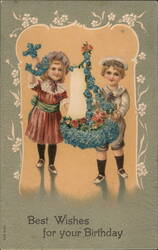 Birthday Greeting, Children with Forget-Me-Nots, Vintage Illustration Postcard