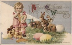 Easter Girl with Bunnies, Chicks & Eggs - Vintage Color Postcard Postcard Postcard