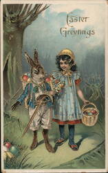 Antique Easter Bunny & Girl with Baskets Postcard With Bunnies Postcard Postcard