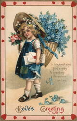 Valentine Girl with Flowers & Letter Postcard