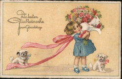 Girl with Flowers & Dogs, German Birthday Greeting Postcard Postcard Postcard