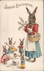 Anthropomorphic Easter Bunny Family with Chicks and Eggs With Bunnies Postcard Postcard Postcard