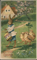 Easter Bunny & Chicks with Drum, Four-Leaf Clover, 1911 Postcard With Bunnies Postcard Postcard