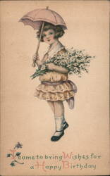 Girl with Flowers & Parasol, Happy Birthday Greeting, 1914 Postcard