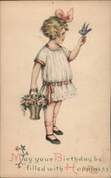 Little Girl with Bird & Flowers, Birthday Greeting, c. 1916 Postcard Postcard Postcard