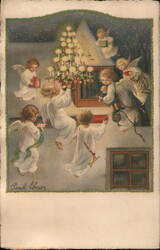 Angels with Christmas Tree & Gifts - Vintage Holiday Postcard Pauli Ebner Postcard Postcard