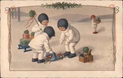 Children with Gifts in Snow, Budapest Hungary - Vintage Holiday Postcard Postcard