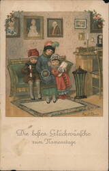 Three Children on Sofa, Name Day Greetings, Vintage Illustration Postcard