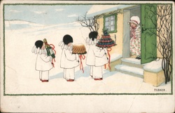 Children with Gifts, Snowy House - Vintage Postcard Postcard