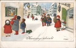 Children's Christmas Scene, Snowy Street, Vintage Postcard Pauli Ebner Postcard Postcard