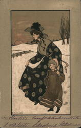 Woman & Child in Winter, Ethel Parkinson Illustration Girls Postcard Postcard Postcard