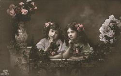 Two Girls with Flowers, Roses in Hair, Sepia Portrait Postcard Postcard