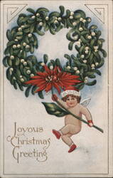 Cherubic Angel with Mistletoe Wreath & Poinsettias - Joyous Christmas Greeting Postcard