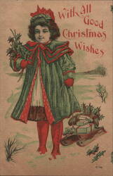 Little Girl with Holly & Gifts on Sled, Vintage Christmas Postcard Children Postcard Postcard