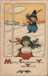 Cute Children with Gifts & Holly, Snowy Christmas Scene Postcard Postcard Postcard