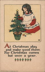 Little Girl Decorating Christmas Tree - Vintage Holiday Postcard Children Postcard Postcard