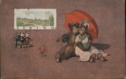 Anthropomorphic Bears Under Umbrella - Sittown, Spring Scene Postcard Postcard Postcard