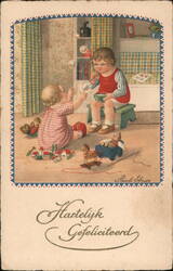 Two Children Playing with Bubbles, Vintage Illustration Postcard Postcard