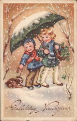 Children with Dog & Umbrella, Snowy New Year's Postcard Postcard Postcard