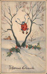 Ladybug on a Swing, Bonne Année, Winter Scene Postcard