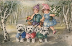 Children with Dogs and Flowers, Bonne Fête Postcard Postcard Postcard