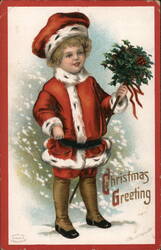 Christmas Boy with Holly, Vintage Holiday Greeting Card Postcard