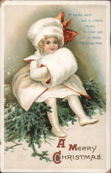 Christmas Girl in White Fur Vintage Holiday Postcard Children Ellen Clapsaddle Postcard Postcard