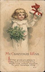 Christmas Girl with Gift & Mistletoe, 1915 Postcard Ellen Clapsaddle Postcard Postcard