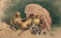 Three Chicks Under Pink Parasol - Easter Greeting With Chicks Postcard Postcard Postcard