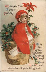 Christmas Girl in Basket, Poinsettia, Holly, Vintage Holiday Postcard Children Ellen Clapsaddle Postcard Postcard