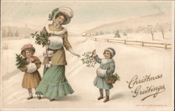 Christmas Greetings, Woman & Children with Holly, Winter Scene Postcard Postcard Postcard