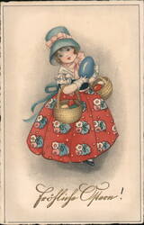 Girl with Easter Baskets - Vintage German Easter Greeting With Children Postcard Postcard Postcard