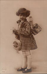 Little Girl with Gifts, Rotterdam, Netherlands - Sepia Photo Postcard Postcard