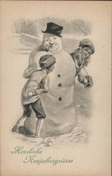 Children Building Snowman - Vintage New Year's Greeting Snowmen Postcard Postcard Postcard