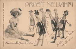 Prosit Neujahr: Anthropomorphic Champagne Bottles Greeting a Woman, Germany Postcard