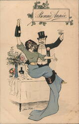 Bonne Année: Couple Celebrating New Year's with Champagne Beautiful Ladies Postcard Postcard Postcard