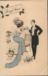 Happy New Year Couple Toasting, c. 1920s, French Postcard Beautiful Ladies Postcard Postcard