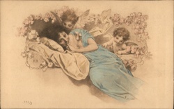 Sleeping Beauty with Cherubs, Vintage Angel Postcard Postcard