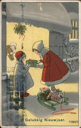 Girls Exchanging Gifts, Dutch New Year Postcard Children Pauli Ebner Postcard Postcard