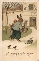 Anthropomorphic Easter Bunny with Basket, Child, Birds - Vintage Illustration With Bunnies Postcard Postcard Postcard