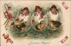 Antique Easter Postcard: Children Hatching with Chicks Postcard Postcard