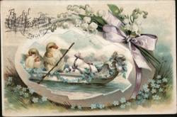 Baby Chicks Rowing Easter Egg Boat, Vintage Easter Greeting Postcard Postcard Postcard