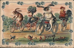 Anthropomorphic Animals on Bikes, Easter Greeting - Color Vintage Postcard Postcard