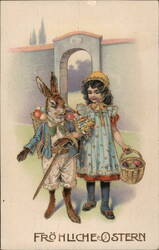 Antique Easter Postcard: Girl & Bunny with Baskets, Froliche Ostern Greeting With Bunnies Postcard Postcard