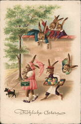 Easter Bunnies Delivering Eggs - Vintage German Postcard Postcard