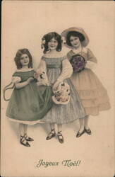 Three Girls with Flowers - Joyeux Noël Holiday Greeting Postcard