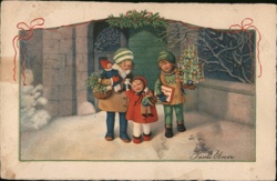 Children with Christmas Gifts and Tree - Vintage Holiday Scene Pauli Ebner Postcard Postcard Postcard