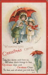 Three Children with Red Umbrella in Snow, Christmas Cheer Postcard Postcard